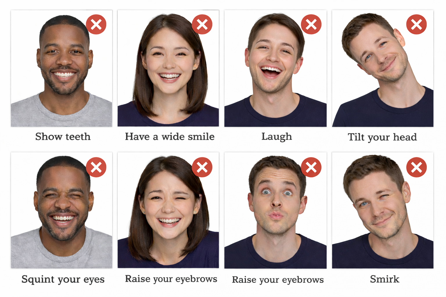 What smiles are not accepted for passport photo or visa photo smiles showing teeth, raising eyebrows are not accepted